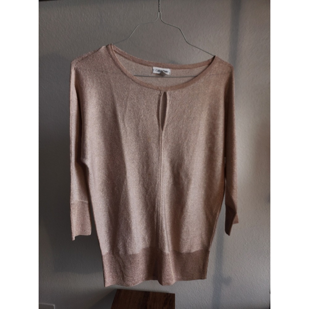 Calvin Klein Women's Top Metallic Knit Keyhole 3/4 Sleeve Blouse S/P